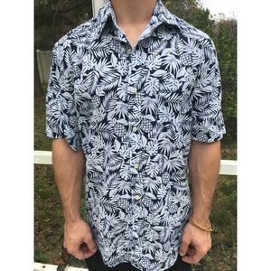 Blue/White Collared button up shirt.